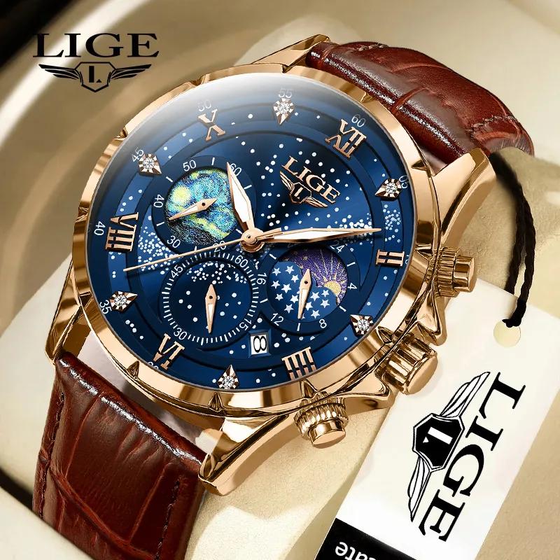 LIGE 남성용 캐주얼 스포츠 시계, 럭셔리 방수 날짜 발광 크로노그래프 손목시계, 남성용 쿼츠 시계, 가죽 시계